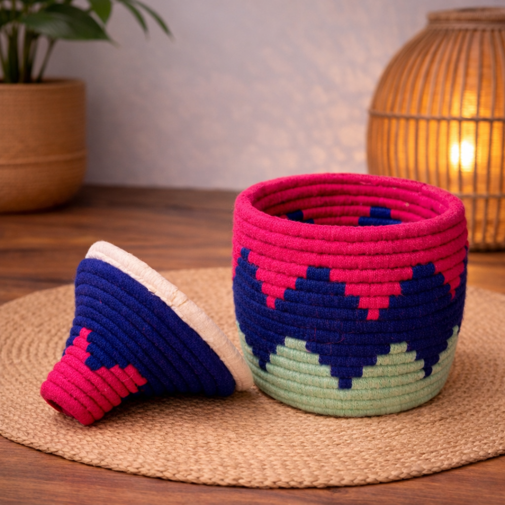 PANIER BERBÈRE MAROCAIN TRESSÉ ROSE - BLEU & VERT D'EAU