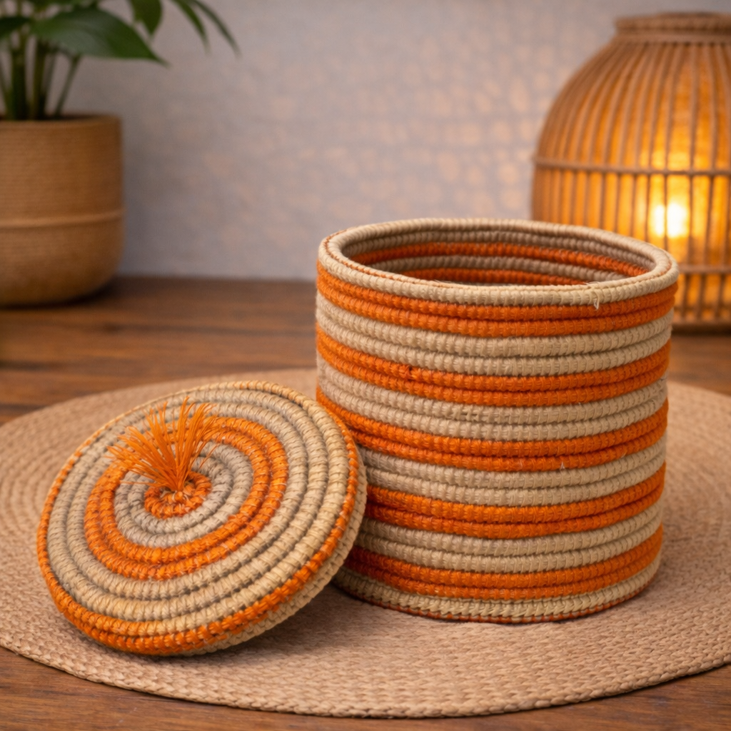 PANIER ARTISANAL ROND ORANGE & BEIGE