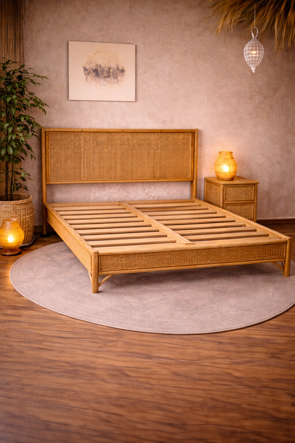 Lit artisanal en bois et fibres naturelles – Fabrication marocaine