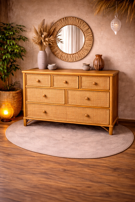 Commode artisanale en bois et fibres naturelles – Fabrication marocaine