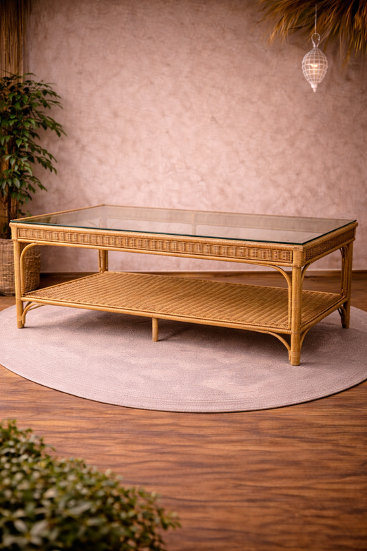 Table basse artisanale en fibres naturelles avec plateau en verre – Fabrication marocaine