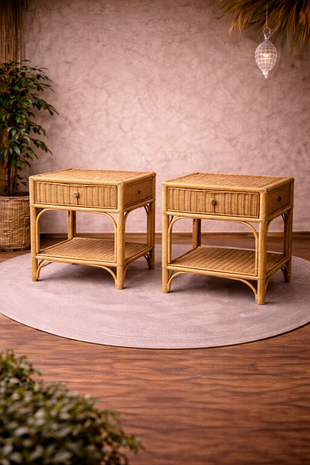 Tables de chevet artisanales en fibres naturelles – Fabrication marocaine