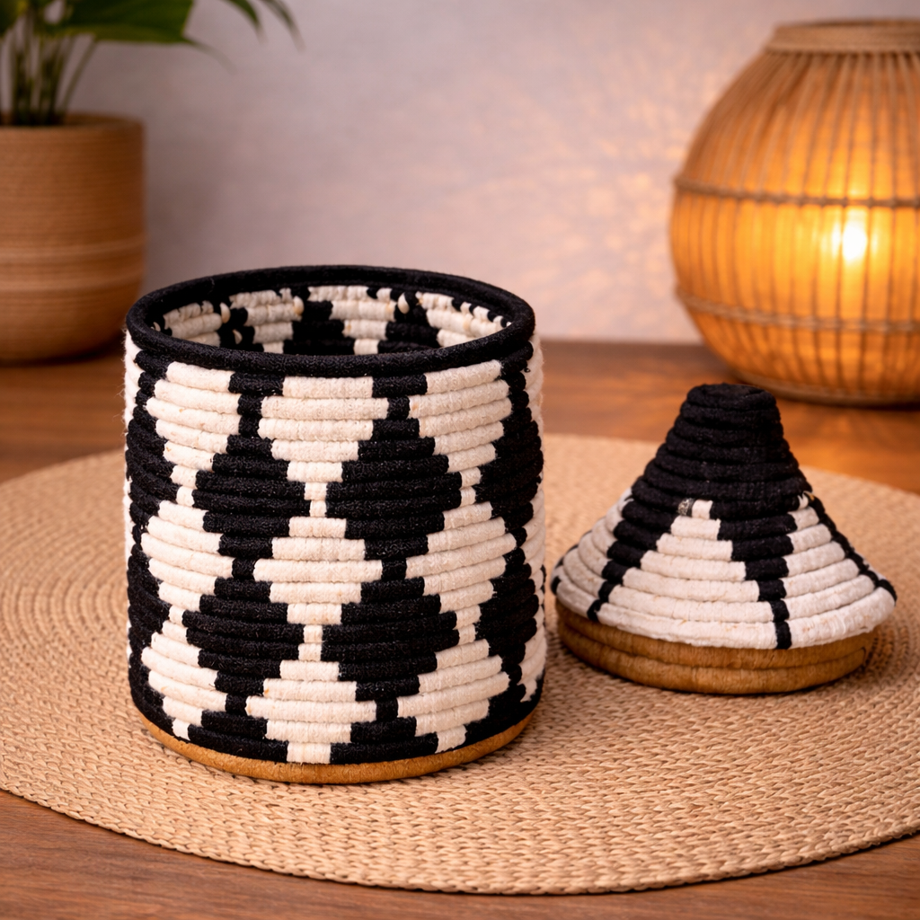 PANIER BERBÈRE MAROCAIN NOIR & ÉCRU