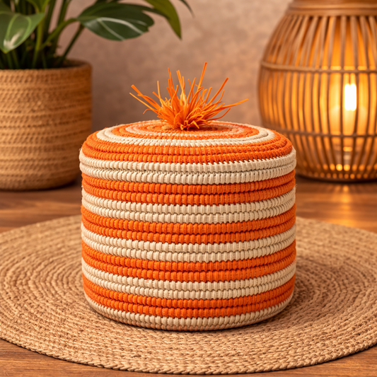 PANIER ARTISANAL ROND ORANGE & BEIGE