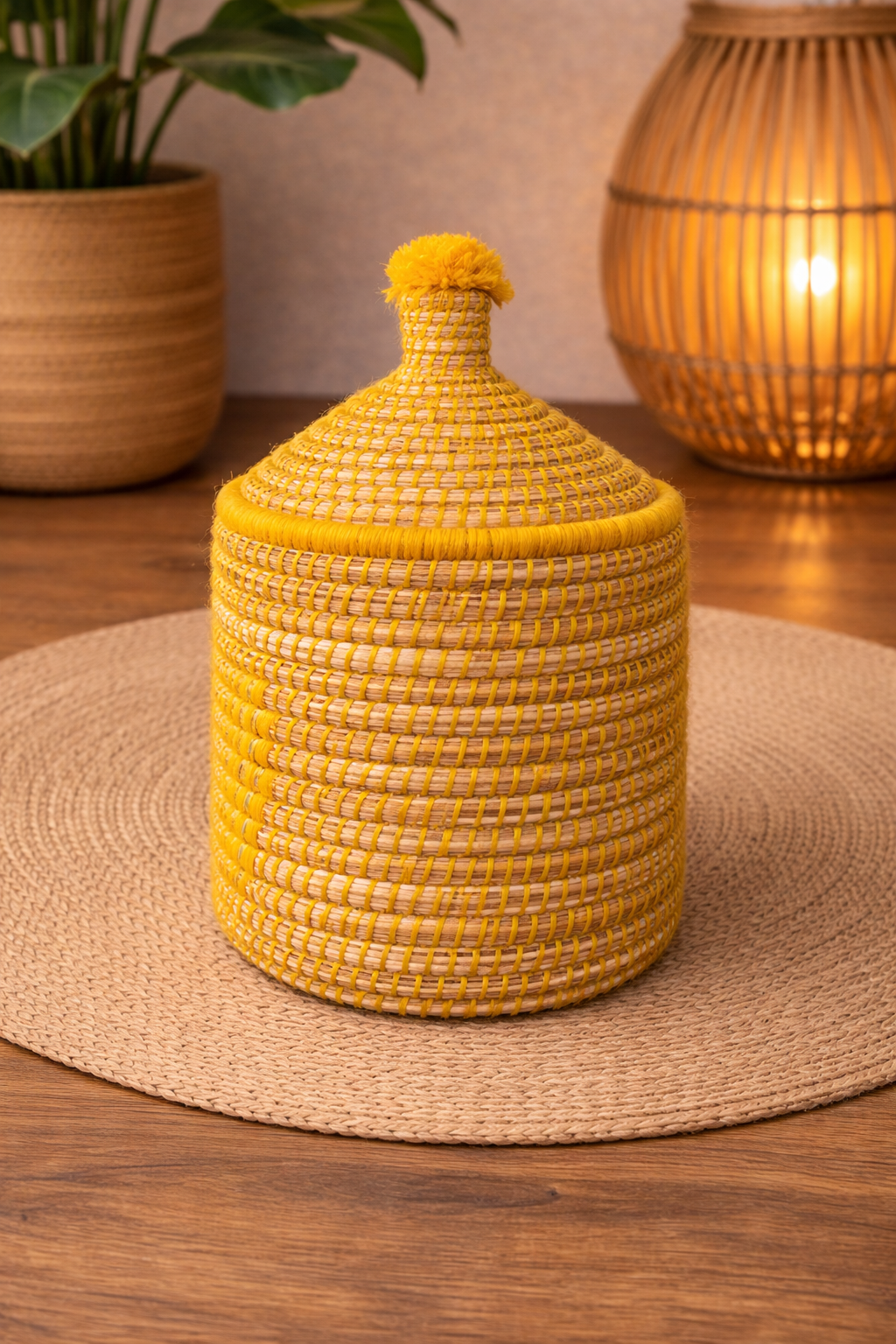 PANIER DÉCORATIF BERBÈRE JAUNE MOUTARDE & NATUREL -