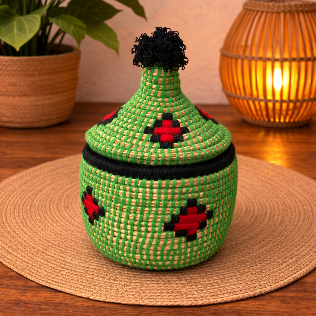 PANIER DÉCORATIF BERBÈRE VERT, NOIR & ROUGE -