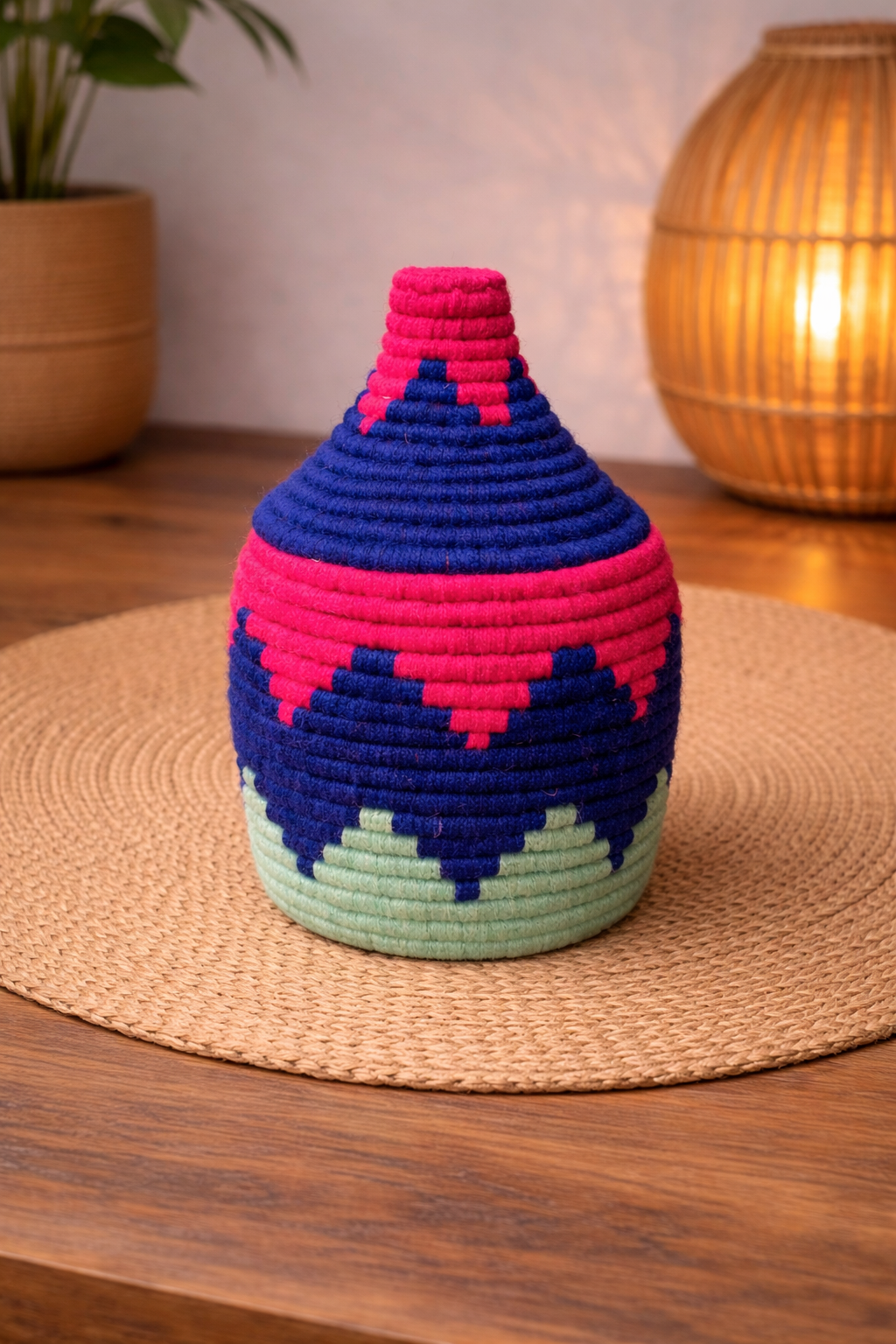 PANIER BERBÈRE MAROCAIN TRESSÉ ROSE - BLEU & VERT D'EAU