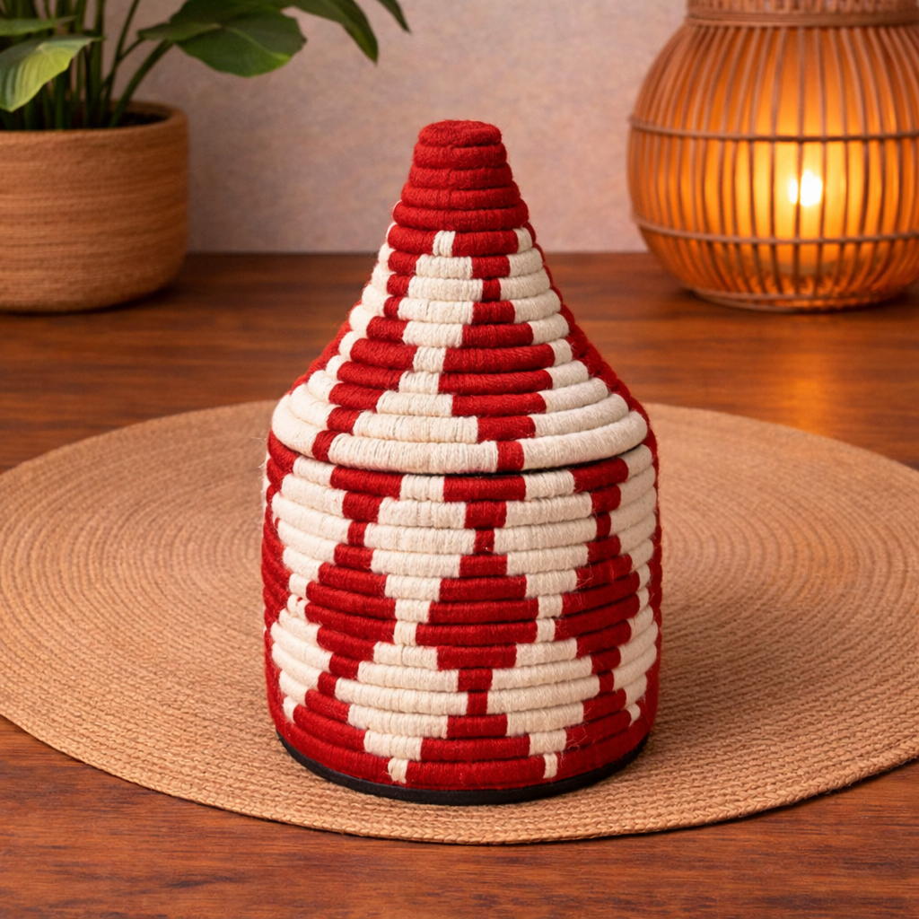 PANIER BERBÈRE MAROCAIN TRESSÉ ROUGE & BLANC