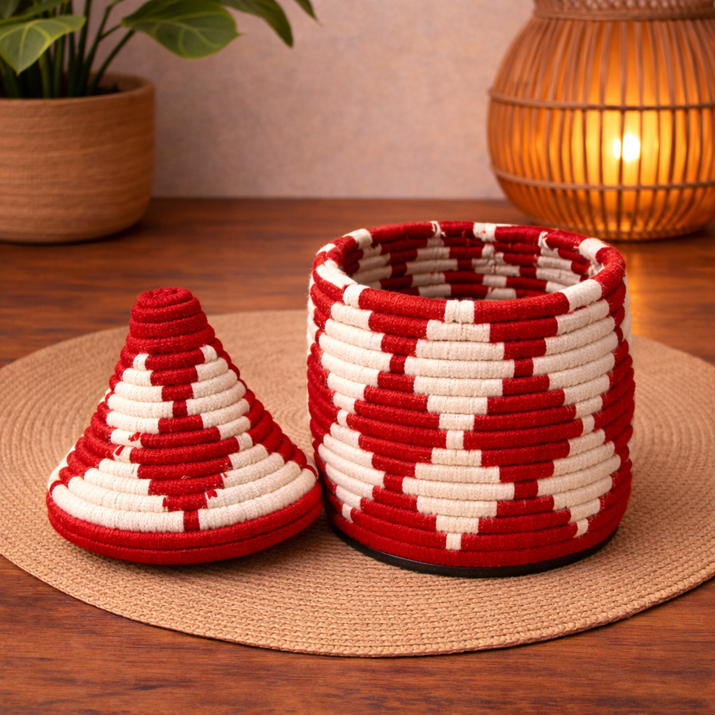PANIER BERBÈRE MAROCAIN TRESSÉ ROUGE & BLANC